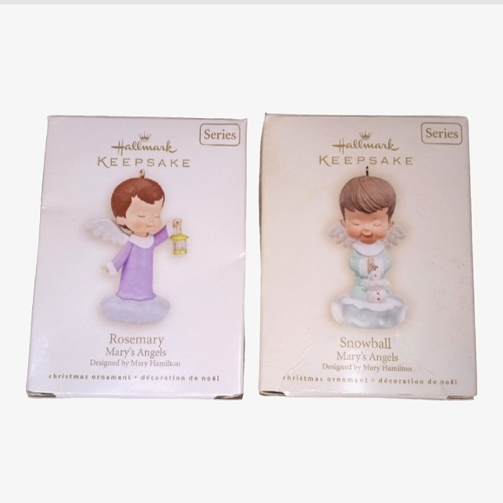 (2) Hallmark Mary's Angels Christmas Ornaments-Snowball (20th) & Rosemary (21st)